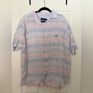 Vineyard Vines Men's Casual Pink and Blue Striped Shirt